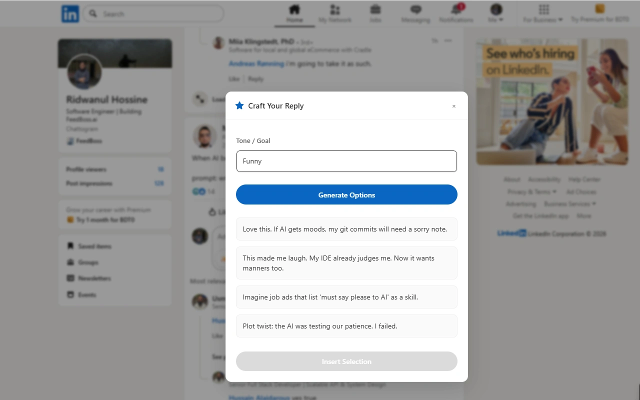 FeedBoss Chrome extension generating an AI comment directly inside LinkedIn feed