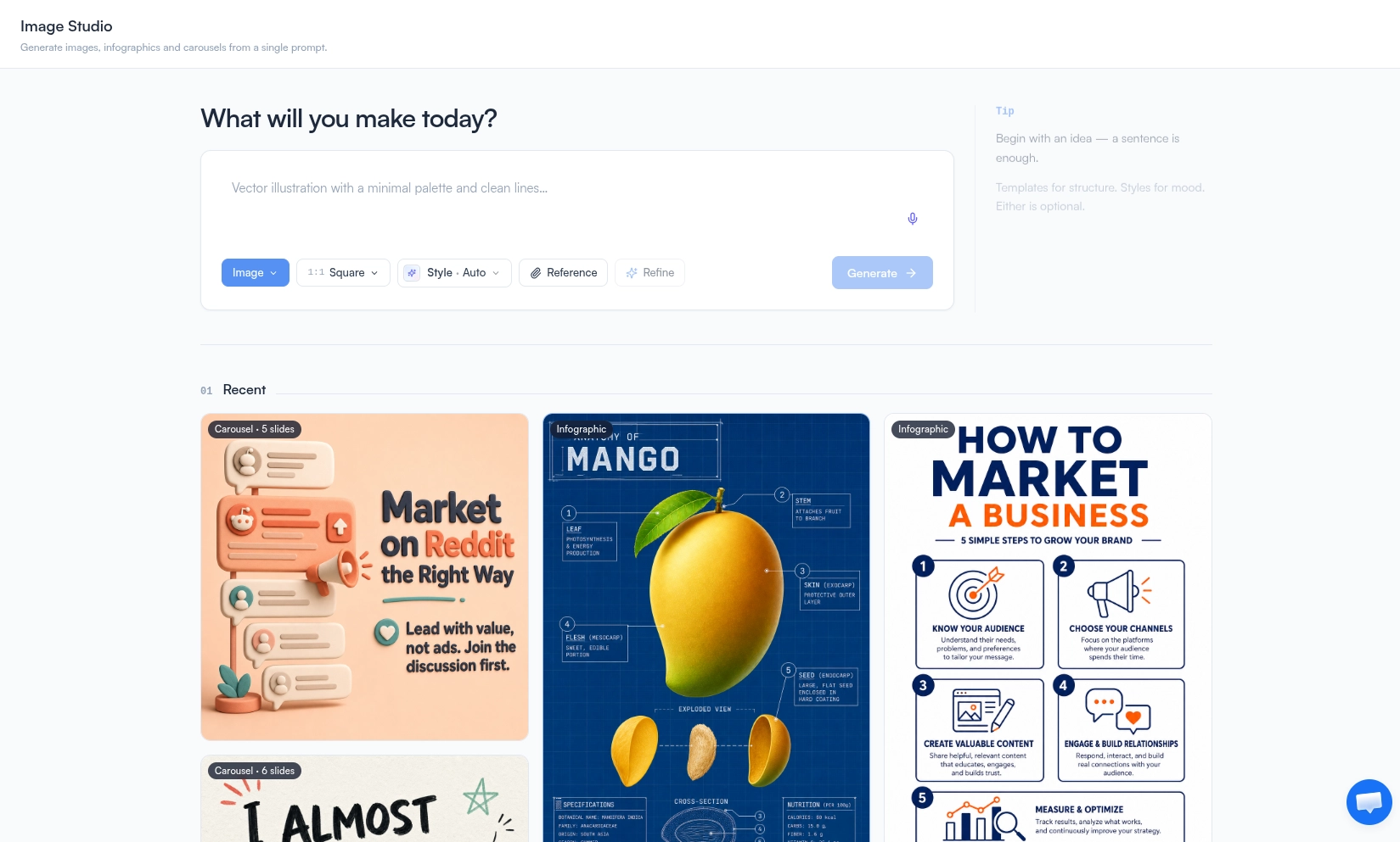 FeedBoss Image Studio main view with prompt input and Recent gallery of generated images, infographics, and carousels