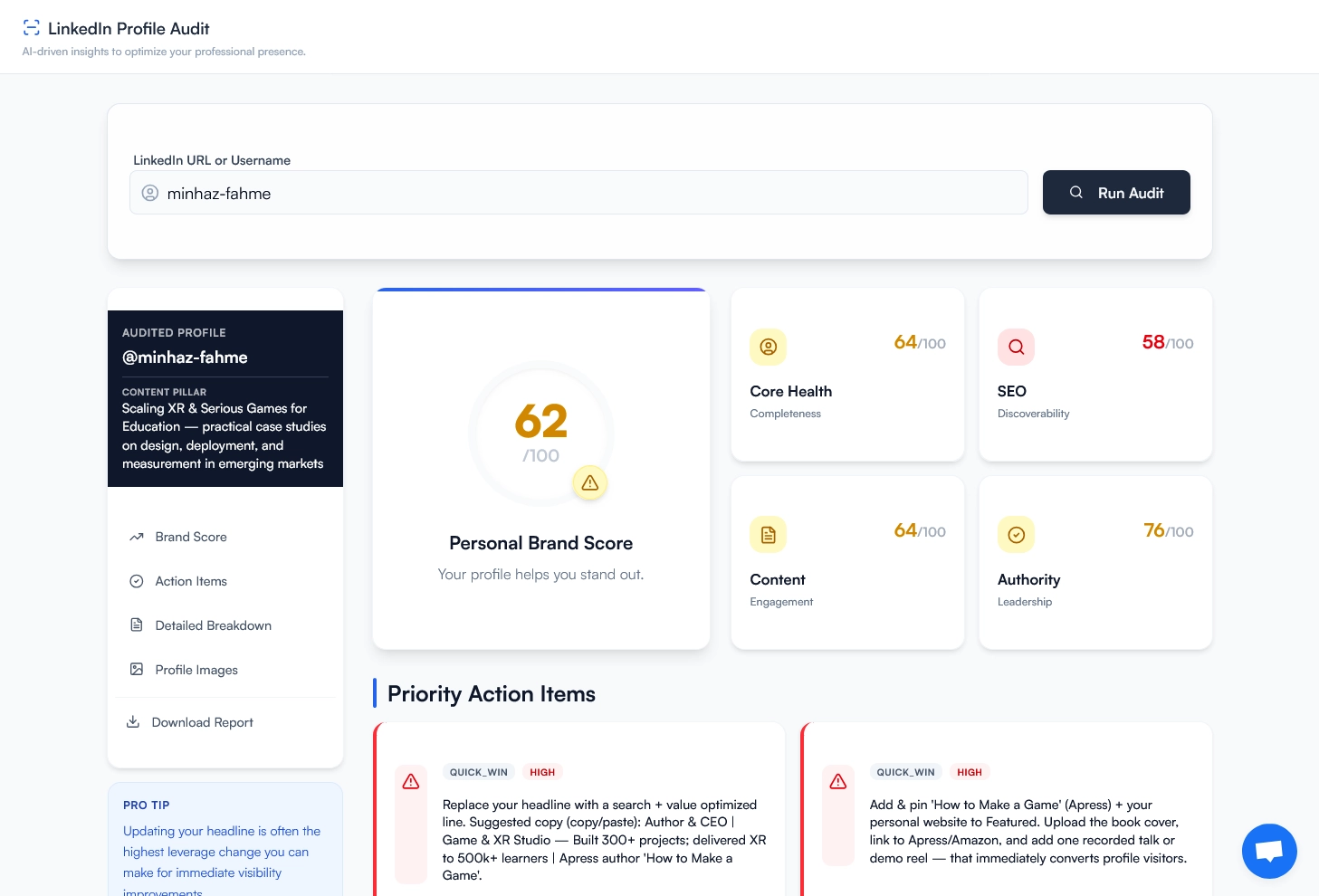 FeedBoss LinkedIn profile audit showing Personal Brand Score and section analysis