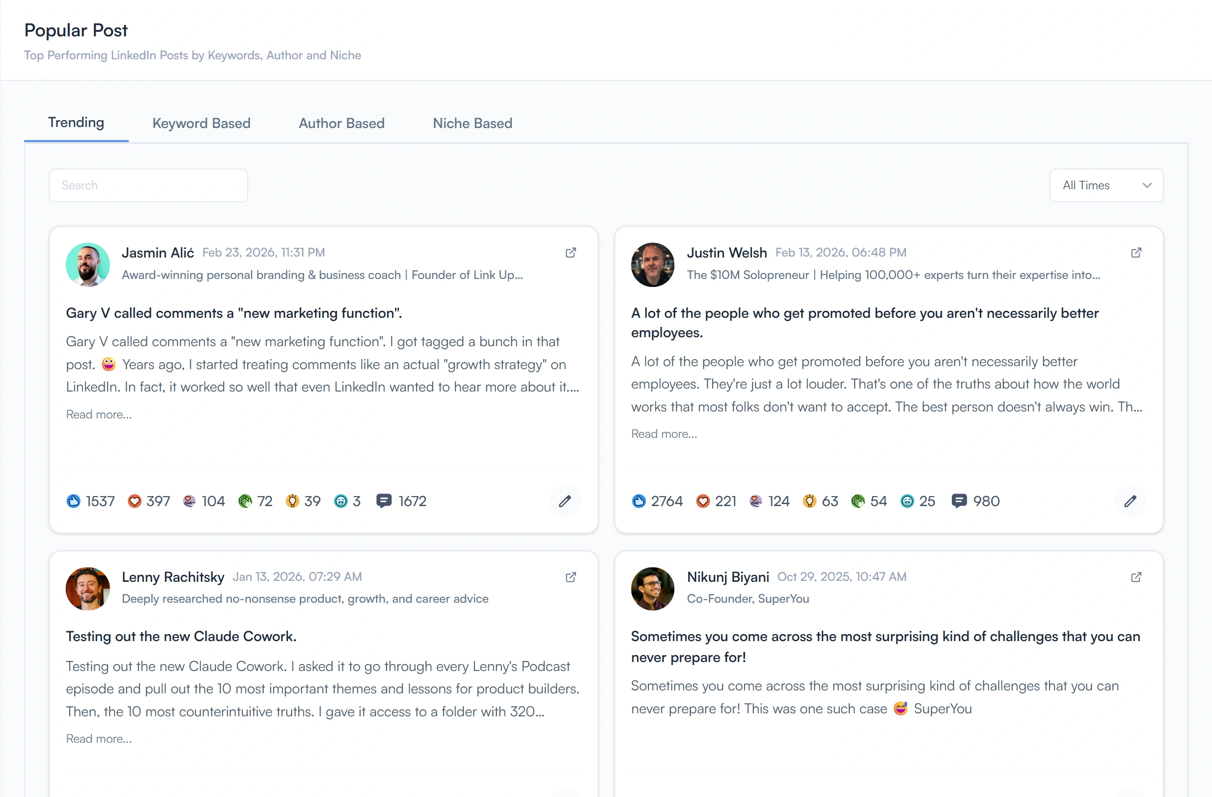 FeedBoss popular posts dashboard showing trending LinkedIn content with engagement metrics