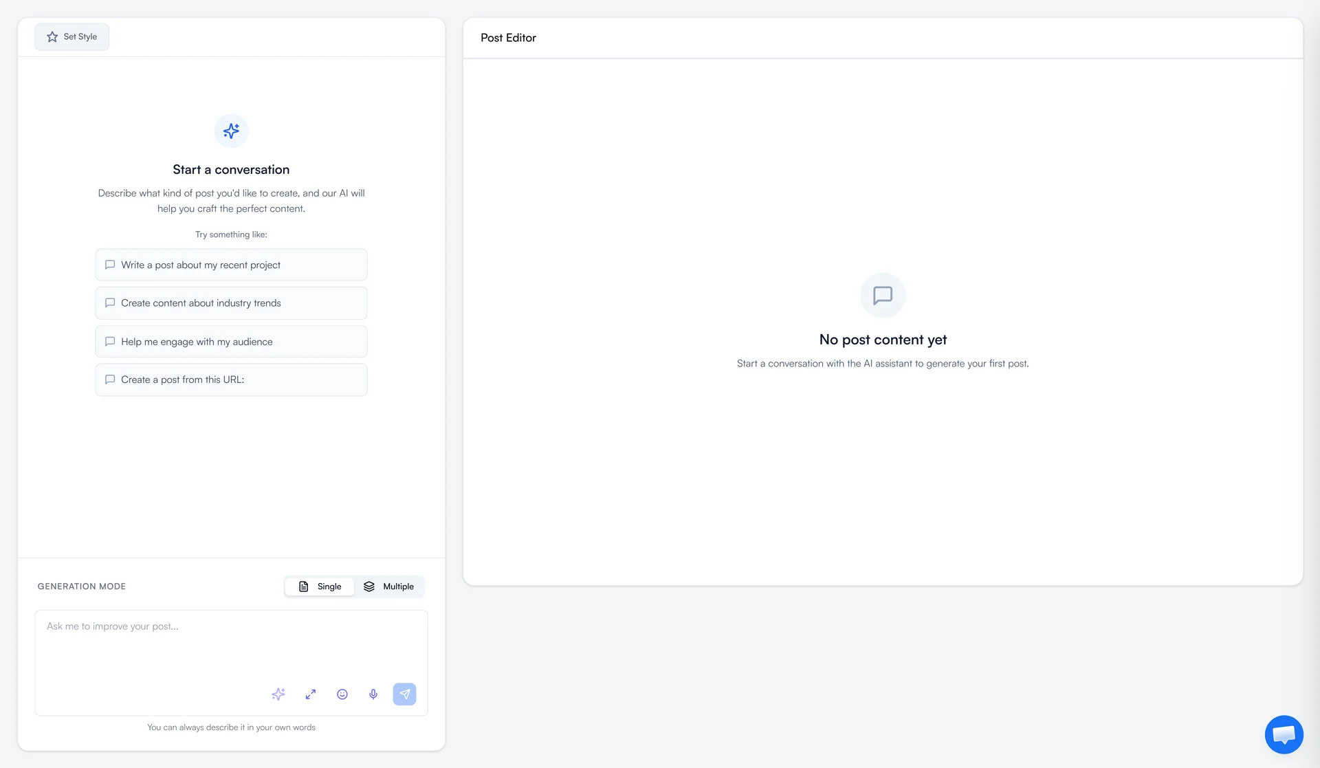 FeedBoss AI post generator interface showing single and batch post modes