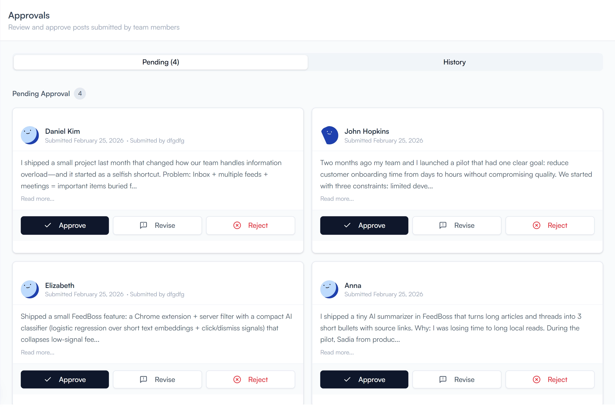 FeedBoss team approval workflow showing Kanban board with review stages