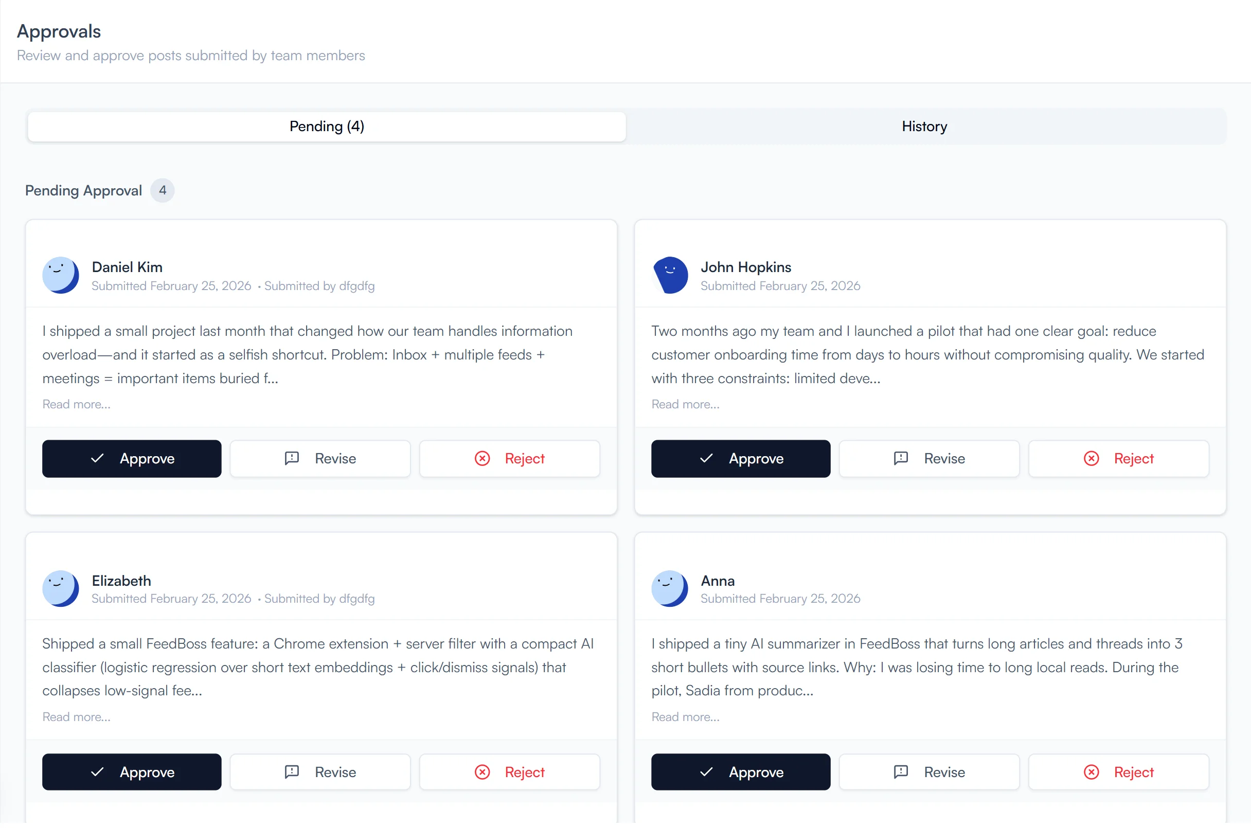 FeedBoss team approval workflow showing Kanban board with review stages