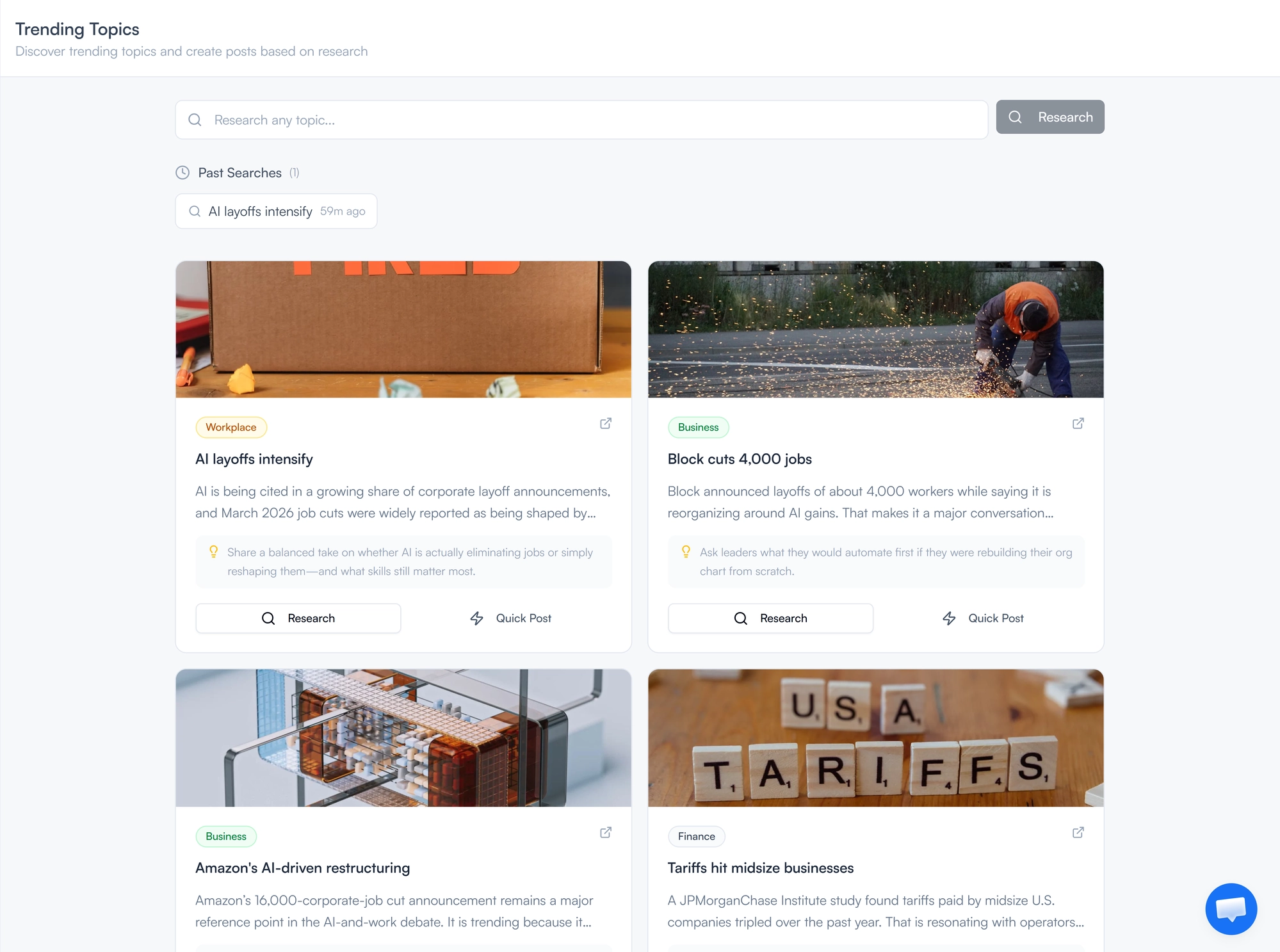 FeedBoss Trending Topics page showing topic cards with category badges, LinkedIn angle suggestions, and Research and Quick Post actions