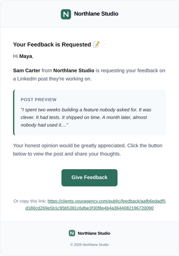 An email from Northlane Studio with the Northlane logo at the top, a preview of the post and a green Give Feedback button.