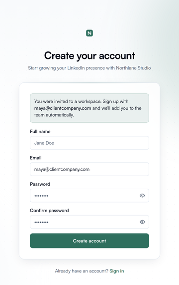 A Create your account page with the Northlane logo, the line Start growing your LinkedIn presence with Northlane Studio, and a green Create account button.