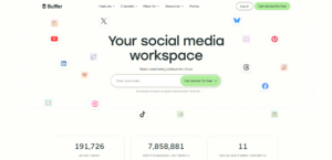Buffer's homepage showing a social media workspace that supports platforms like LinkedIn, Instagram, TikTok, and Facebook, with nearly 200,000 active users.