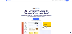 ContentDrips' homepage showing an AI carousel maker and content creation tool that turns any idea, blog, or video into branded text posts and carousels, with a free plan available for 5,000+ creators.