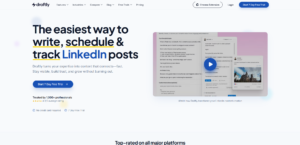 Draftly's homepage showing a LinkedIn content tool that helps you write, schedule, and track posts.