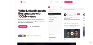 EasyGen's homepage showing a LinkedIn post writing tool that uses data from top creators with over 100 million views to help you write posts that get real engagement, with 10,000+ users already on the platform.