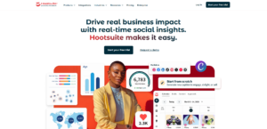 Hootsuite's homepage showing a social media management platform with a content calendar, real-time analytics, and publishing tools across multiple platforms including LinkedIn.