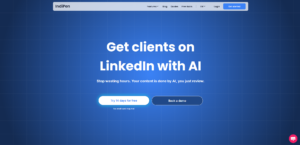 IndiPen's homepage showing a blue-themed AI LinkedIn content tool that writes your posts for you so you can focus on reviewing and landing clients, with a 14-day free trial and no credit card required.