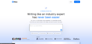 Kleo's homepage showing a personal brand writing tool that helps you ideate, write, design, and publish posts all in one place, loved by over 1,200 creators and featured in Forbes and Indie Hackers.