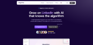MagicPost's homepage showing an AI tool that helps you grow on LinkedIn by creating posts in your voice, with over 100,000 users and a LinkedIn-verified partner badge.