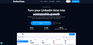 PerfectPost's homepage showing a LinkedIn growth tool with a dark interface that helps you find the right posts, engage with the right people, and track performance, with 36,000+ active users and an average 40% follower growth after three months.