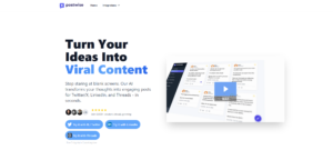 Postwise's homepage showing an AI tool that transforms your ideas into ready-to-publish posts for Twitter/X, LinkedIn, and Threads in seconds.