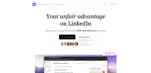 Saywhat's homepage showing a LinkedIn content tool that claims users who post five times a week