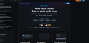 Typefully's homepage showing an AI writing and scheduling tool for social media, supporting X, LinkedIn, Bluesky, and Threads, with customers like Vercel and Shopify.